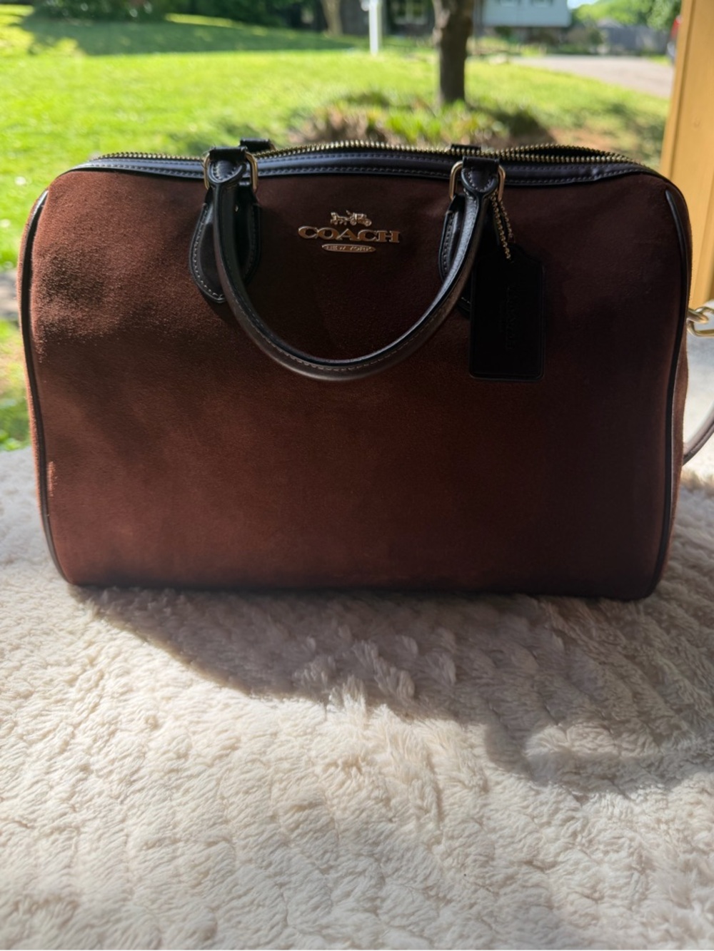 Coach Brown Suede Satchel with Black Leather Trim